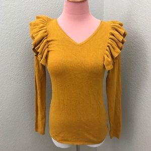 Mustard soft stretch frill shoulder Vneck sweater